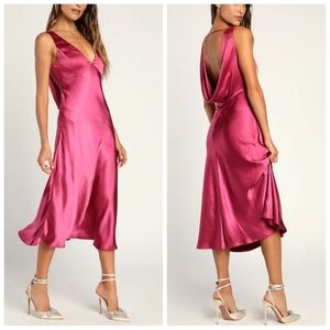 Lulus Incredible Love Magenta Satin Cowl Back Midi Slip Dress | L | NWT